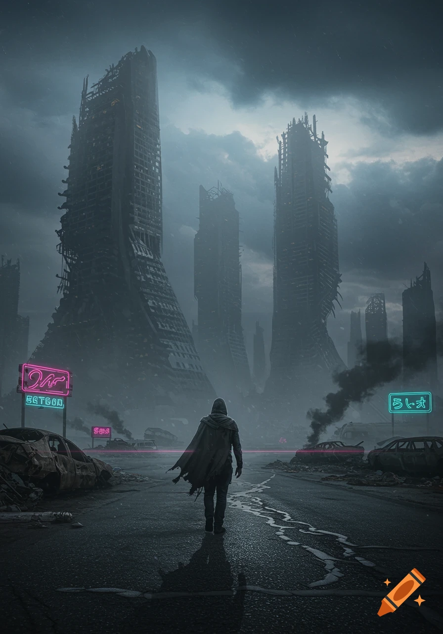 A lone figure walks through a ruined, dark cityscape under a stormy sky, with neon signs glowing faintly among the rubble.