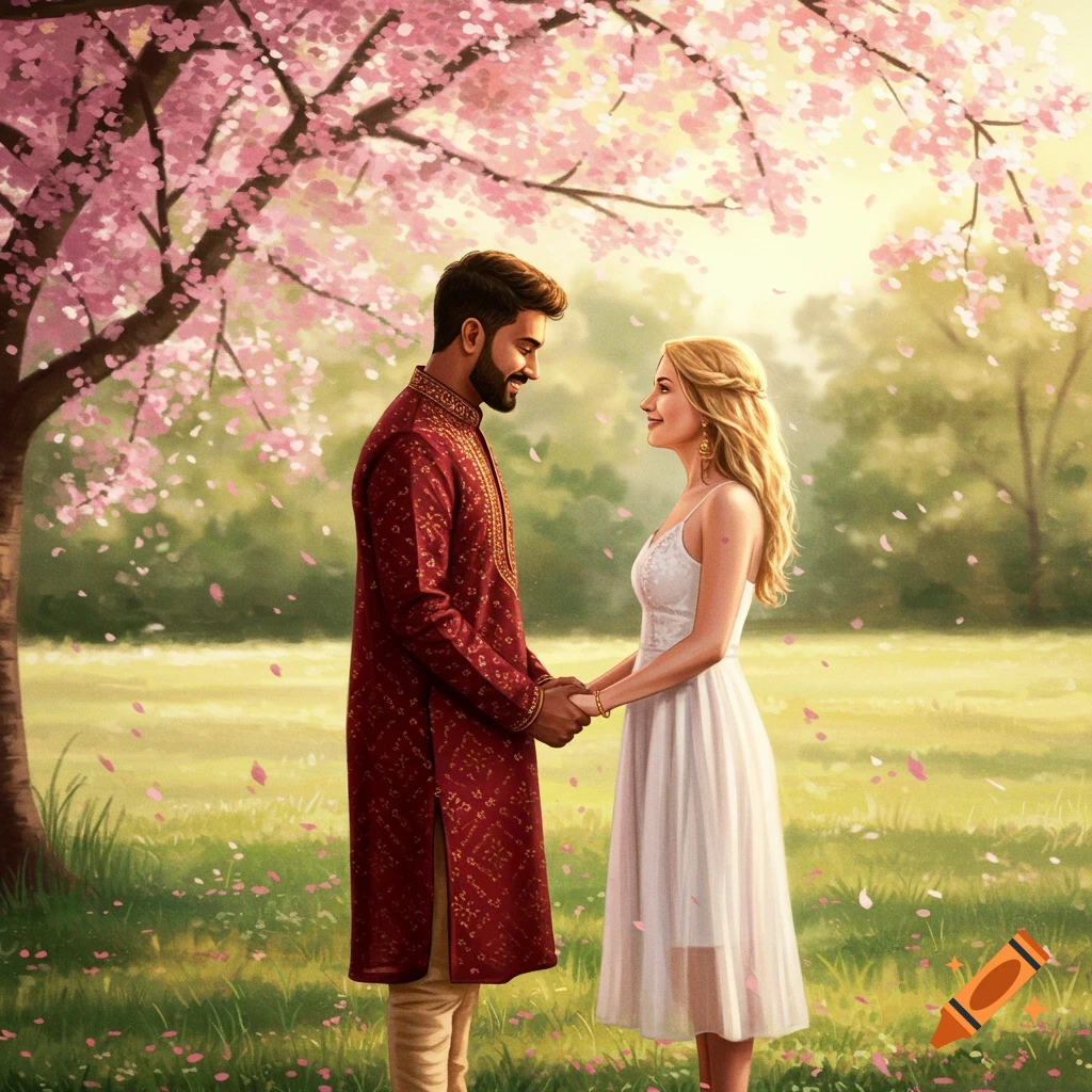 A man in a red kurta and a woman in a white dress hold hands under a pink cherry blossom tree in a field, looking at each other.