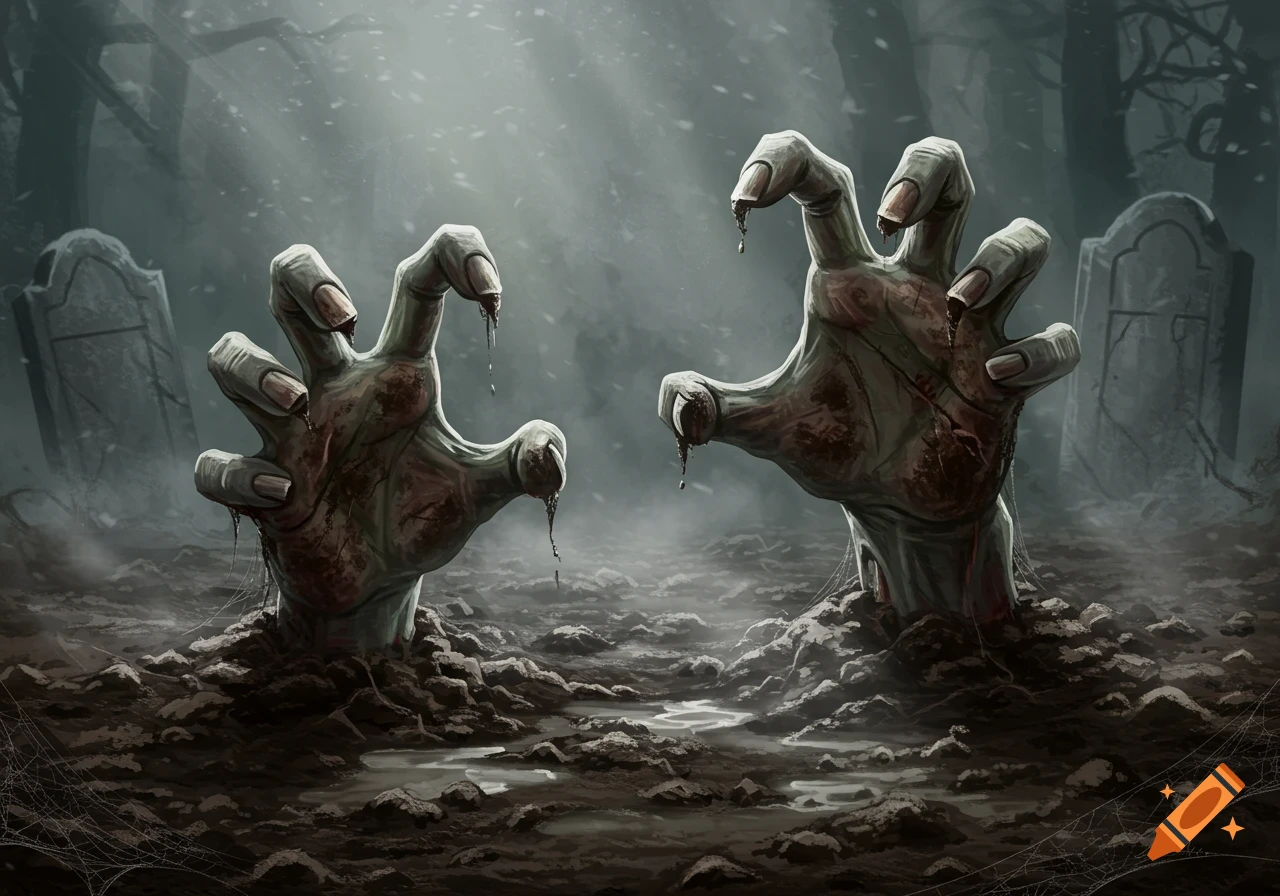Two decaying zombie hands emerge from muddy graves in a misty graveyard, dark illustration.