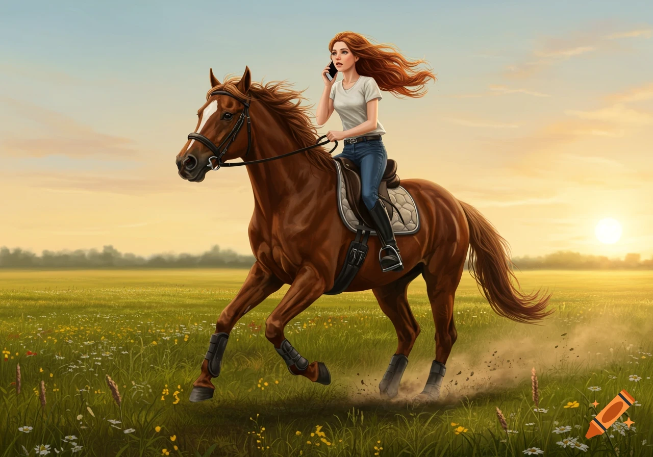 A red-haired girl rides a galloping brown horse across a grassy field at sunset while talking on a cell phone, in a digital art style.