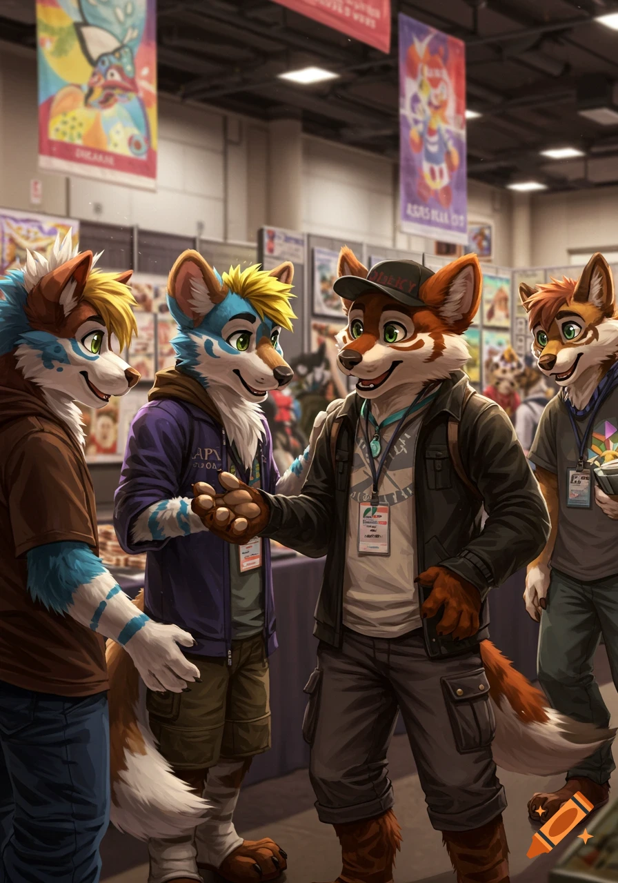 Four anthropomorphic animal characters (furries) chat at an indoor convention or gathering, with colorful banners in the background.