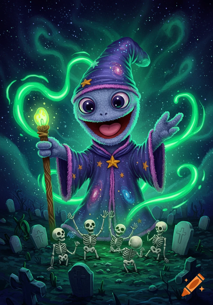 A whimsical blue lizard-like wizard in a galaxy robe casts a spell over dancing skeletons in a starry graveyard.
