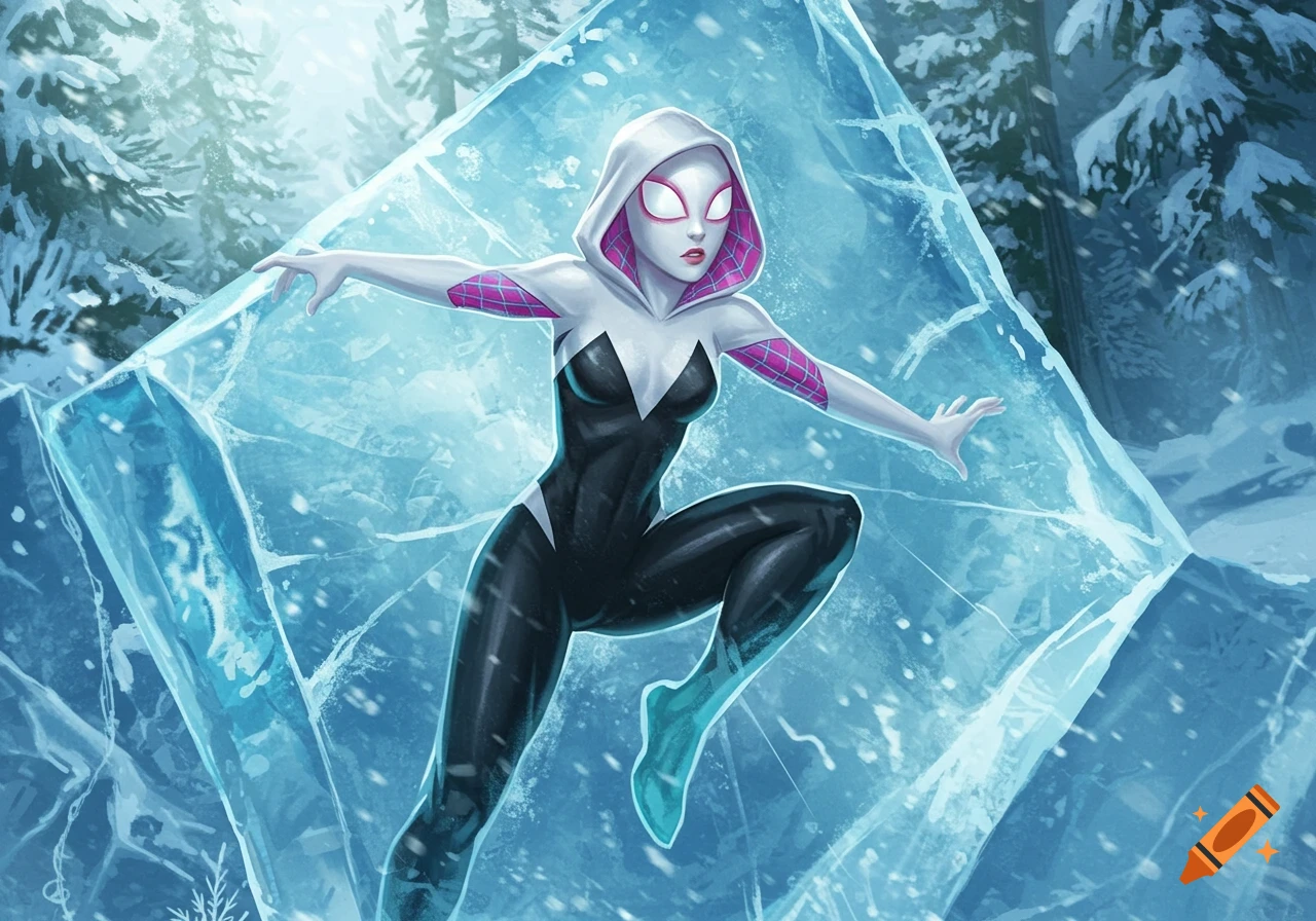 An unmasked Spider-Gwen in her black and white suit, crouching with arms outstretched, encased within a large block of clear ice in a snowy forest.