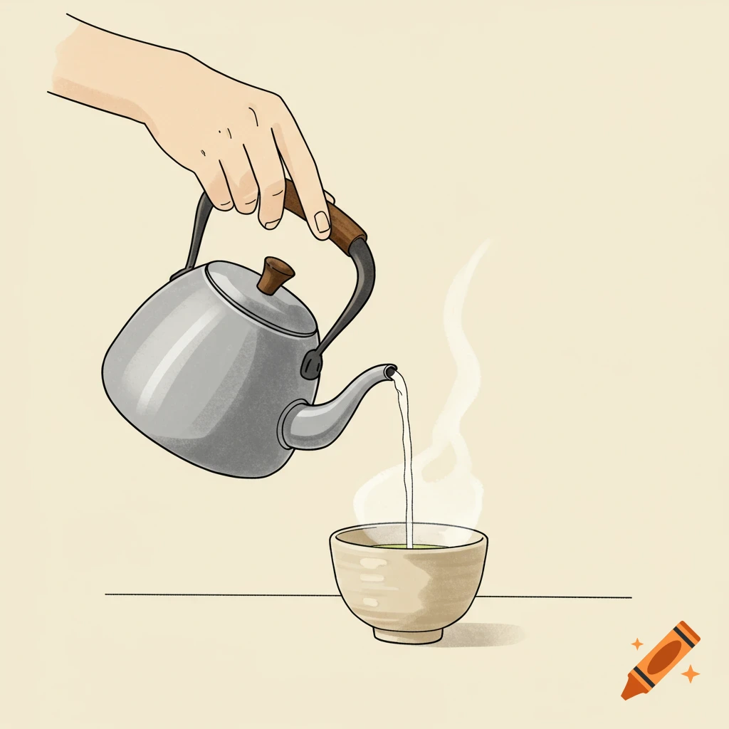 A hand pours hot water from a gray metal gooseneck kettle into a beige ceramic tea bowl in a simple, hand-drawn style.