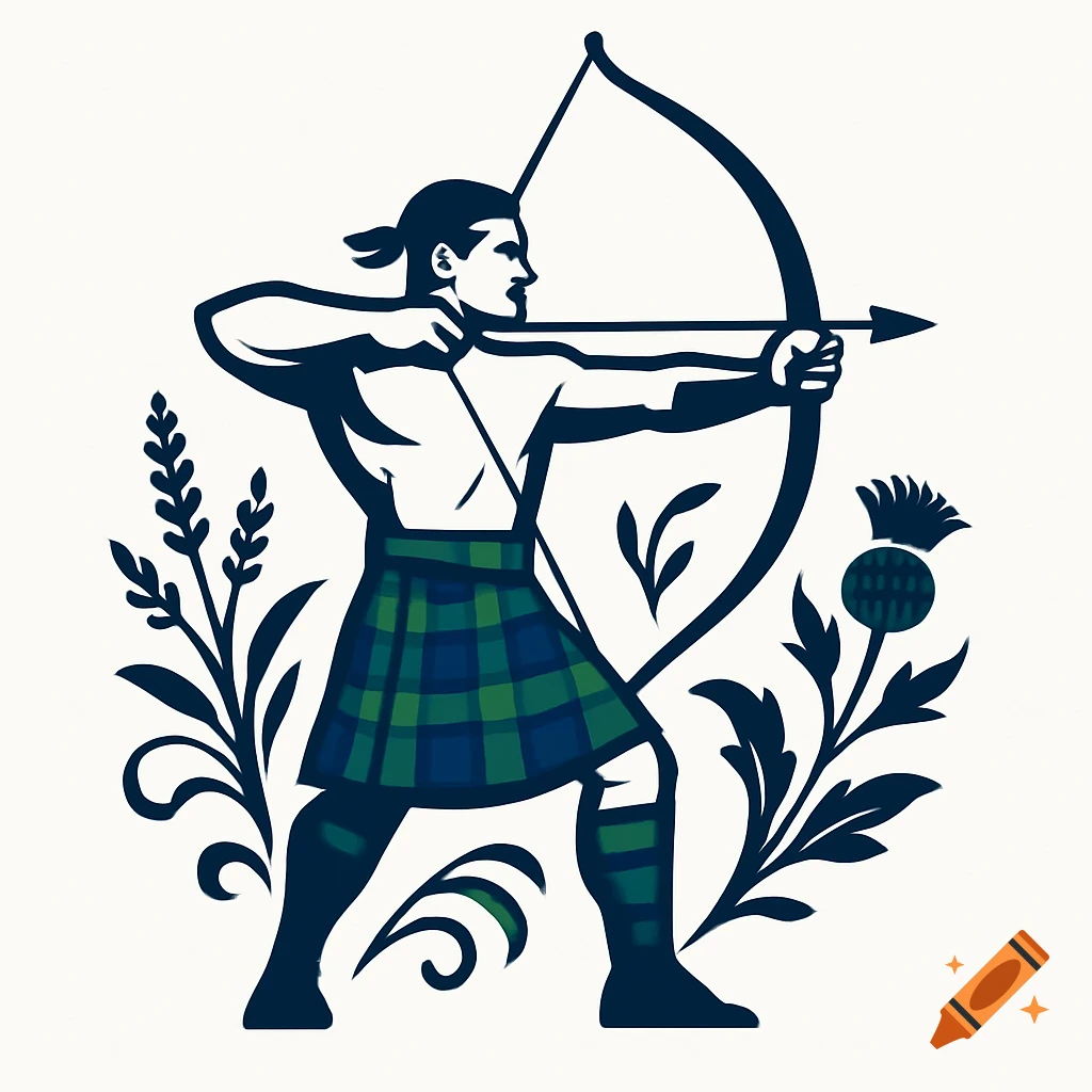Stylized logo of a Scottish archer in a kilt, aiming a bow and arrow, with thistle plants.