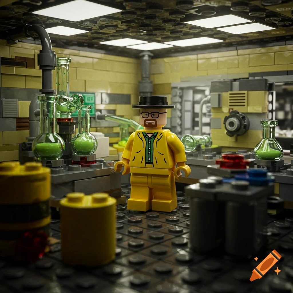 A Lego minifigure resembling Walter White in a yellow hazmat suit and black hat stands in a Lego laboratory with beakers.