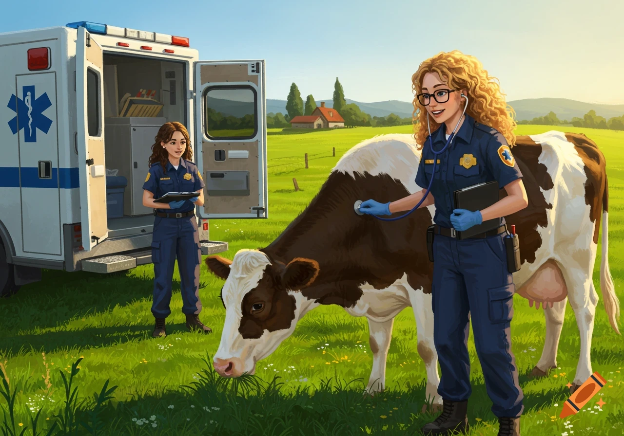 Two paramedics in blue uniforms, one with glasses and a stethoscope, examine a brown and white cow in a green field with an ambulance in the background.