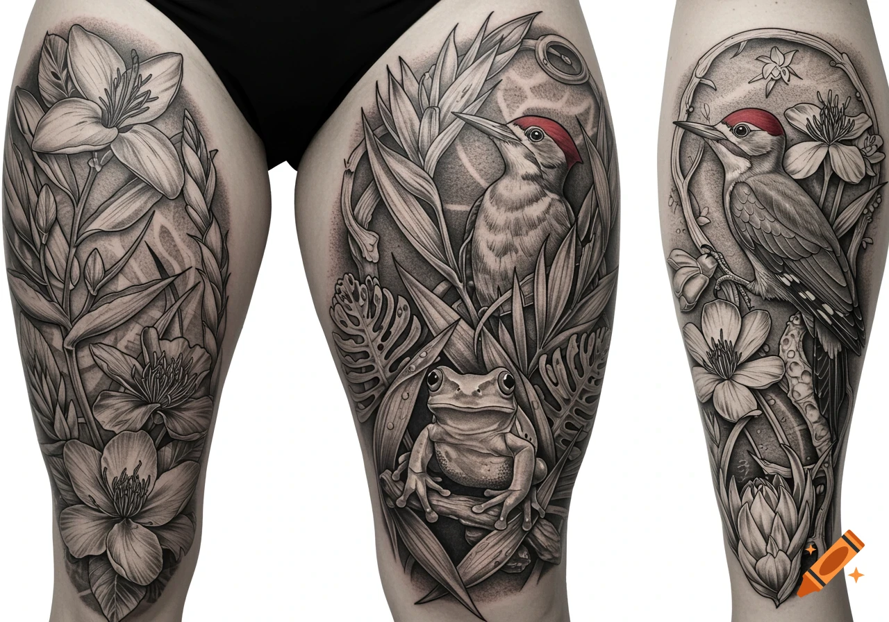 Black and white nature tattoos on legs, featuring flowers, a frog, and woodpeckers.