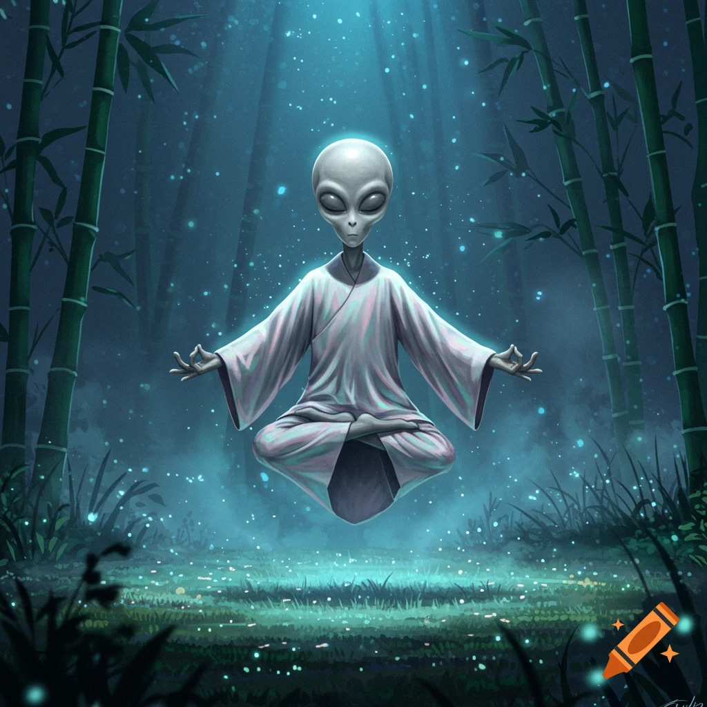 A grey alien in white robes meditates in a lotus position, levitating in a mystical bamboo forest with glowing particles.
