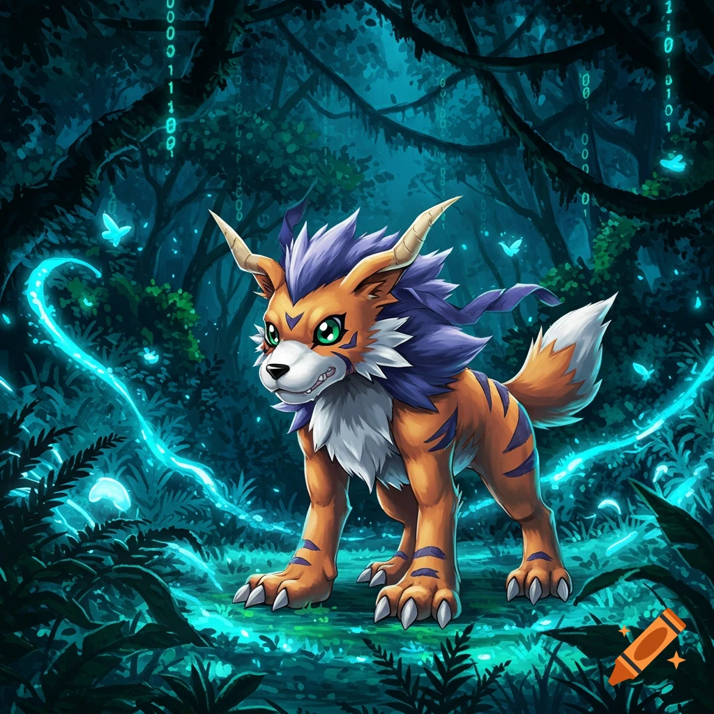 A vibrant digital art illustration of Gabumon, an orange and blue creature, standing in a dark, glowing blue forest with binary code falling.