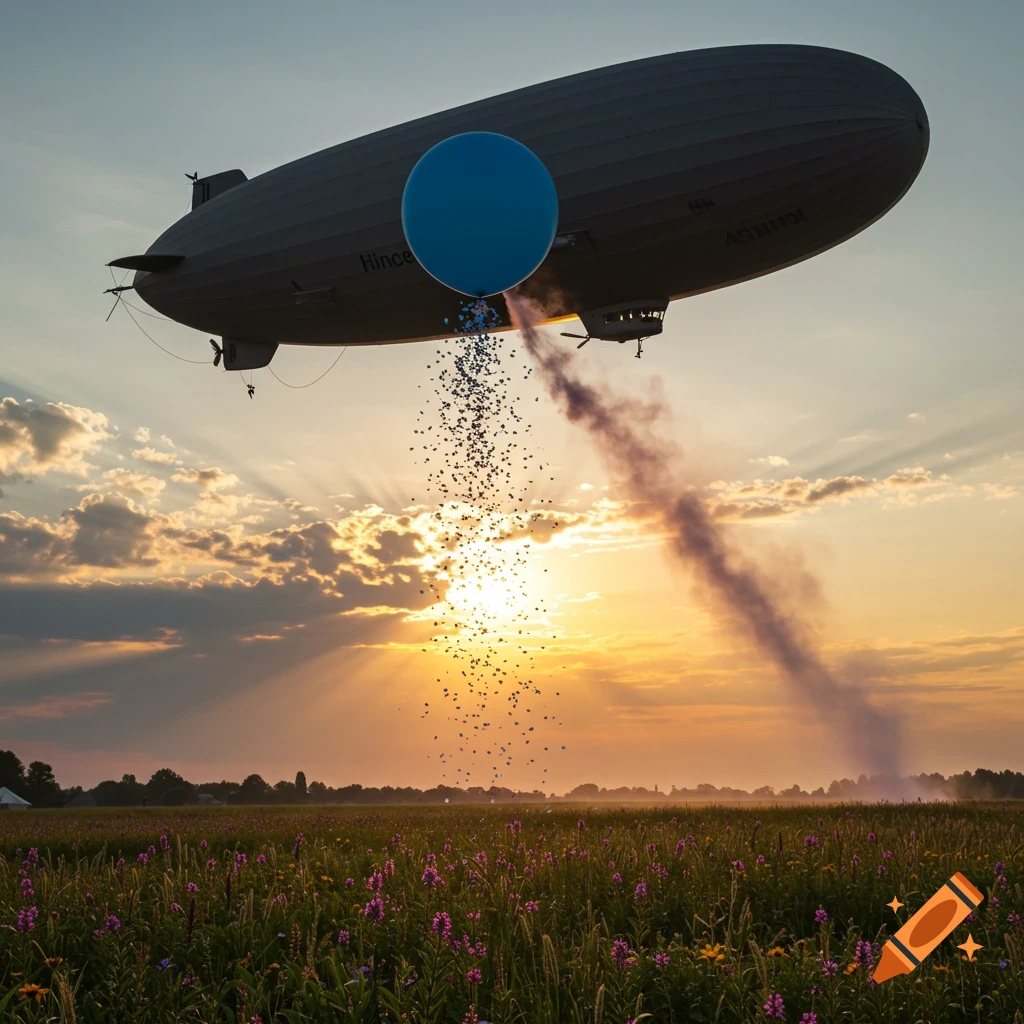 A large zeppelin flies over a field of purple flowers at sunset, dropping blue particles and emitting a plume of purple smoke.