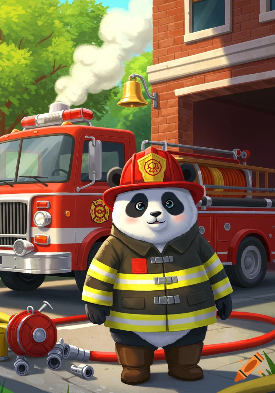 A smiling cartoon panda wearing a firefighter's uniform stands in front of a red fire truck at a fire station.