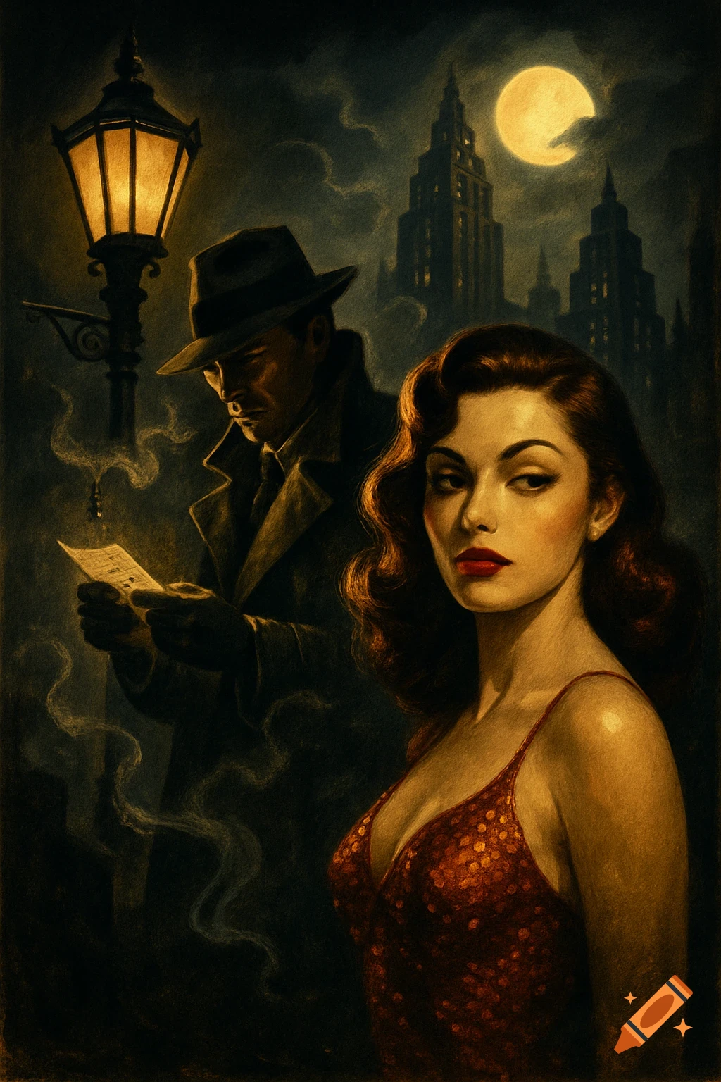 Moody 1940s style illustration of a man in a fedora under a lamppost, with a woman in a red dress, city in background.