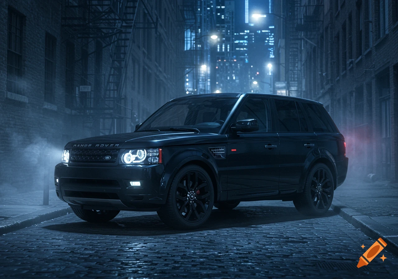 A black Range Rover Sport SUV idling in a dark, wet alleyway with distant city lights.