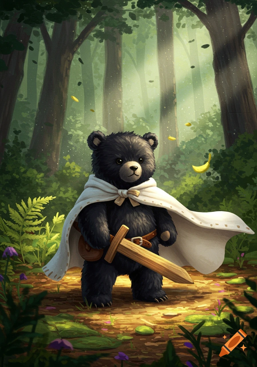A cute black teddy bear in a white cape and wooden sword stands in a sun-dappled forest illustration.