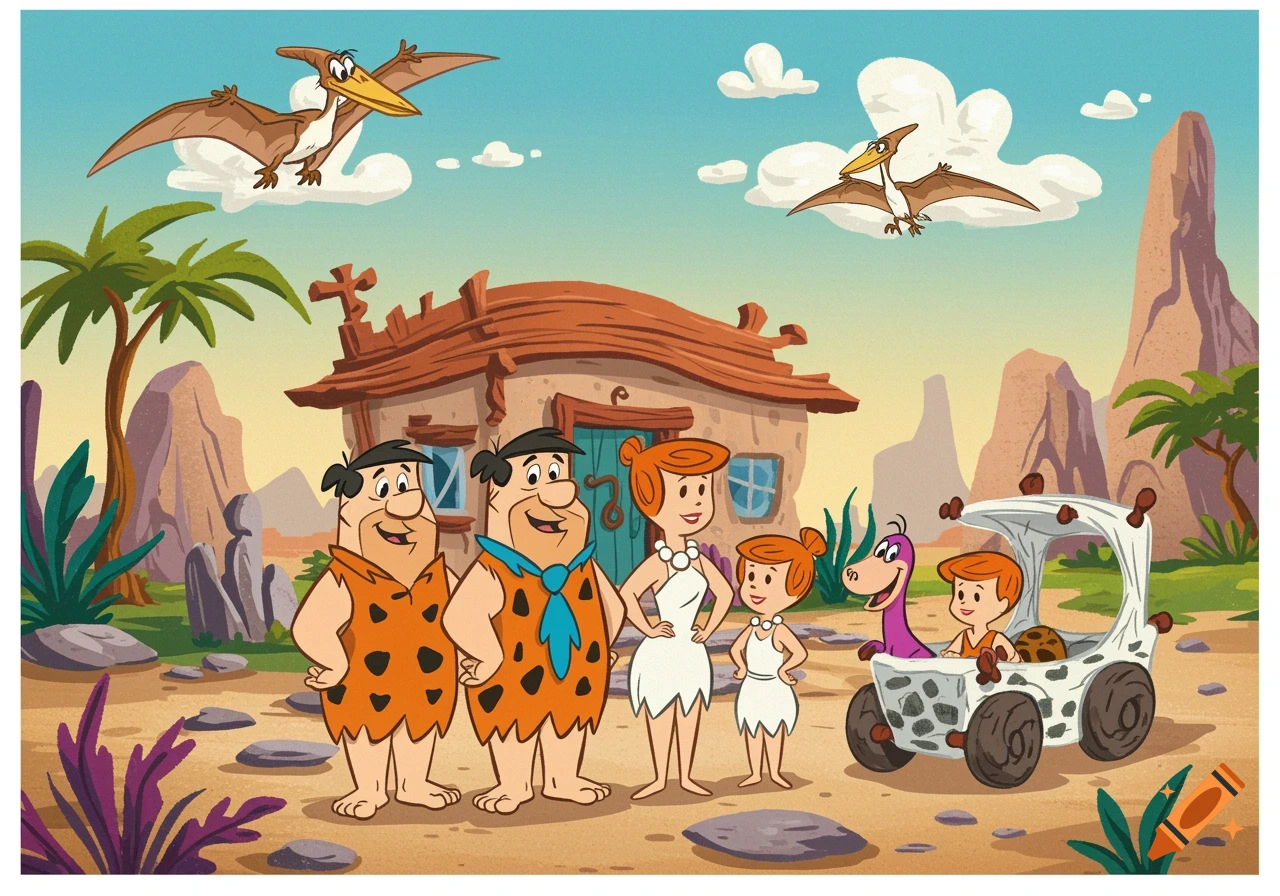 Cartoon of The Flintstones family standing outside their stone house in a prehistoric landscape with dinosaurs and pterodactyls flying.