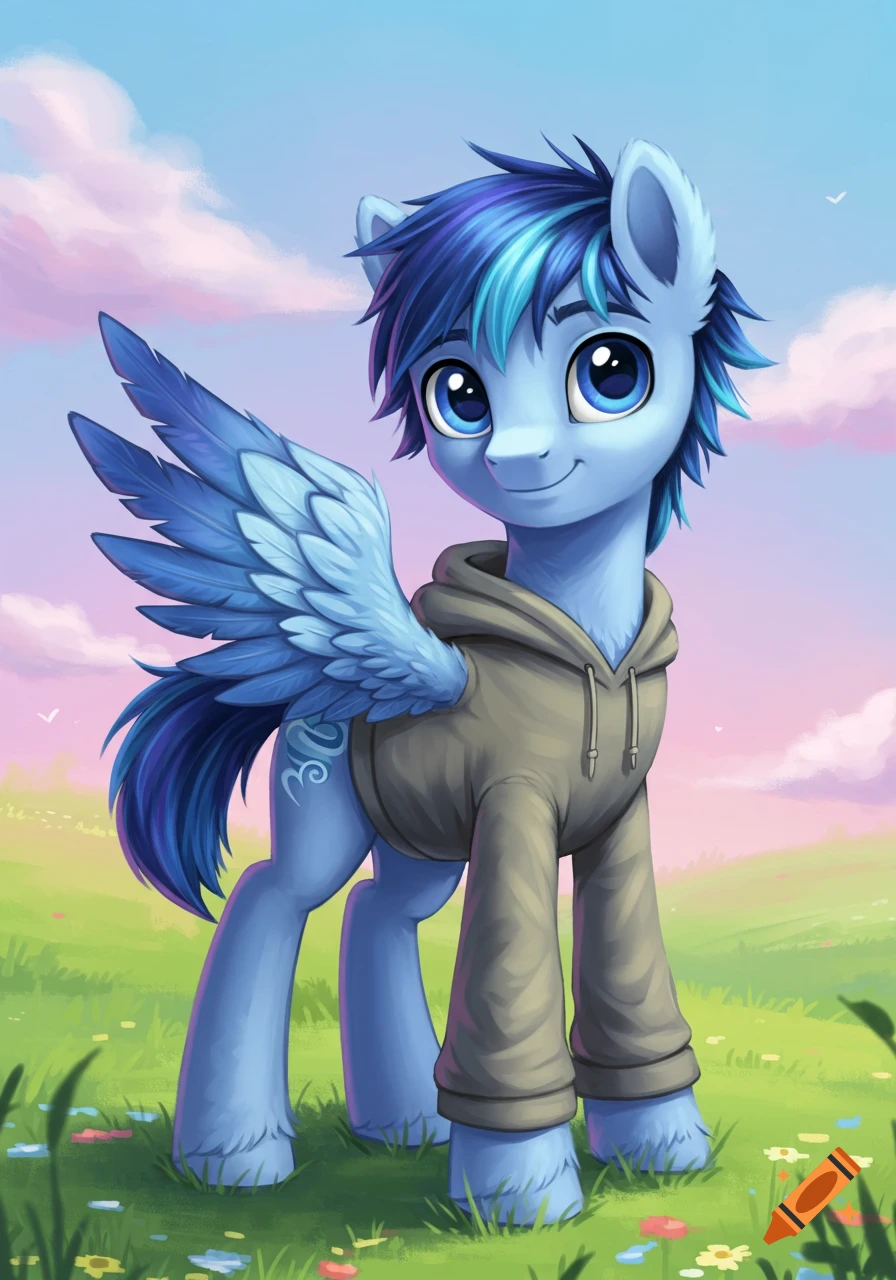 A blue male My Little Pony-style pegasus with dark blue hair and a brown hoodie stands in a green field under a pink and blue sky.