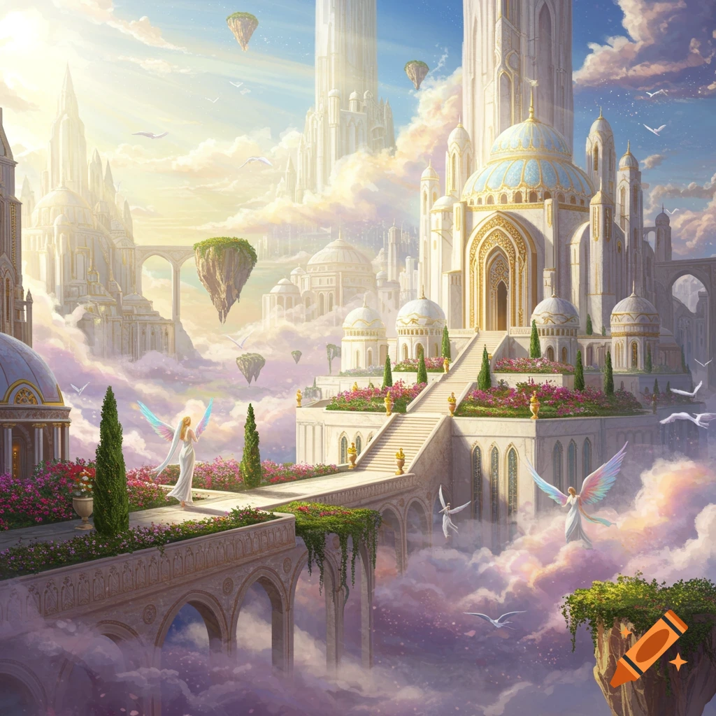 A breathtaking fantasy city, glistening white and gold, rises through the clouds with ornate spires, domes, and lush hanging gardens. Angelic figures with colorful wings fly around floating islands and grand staircases.