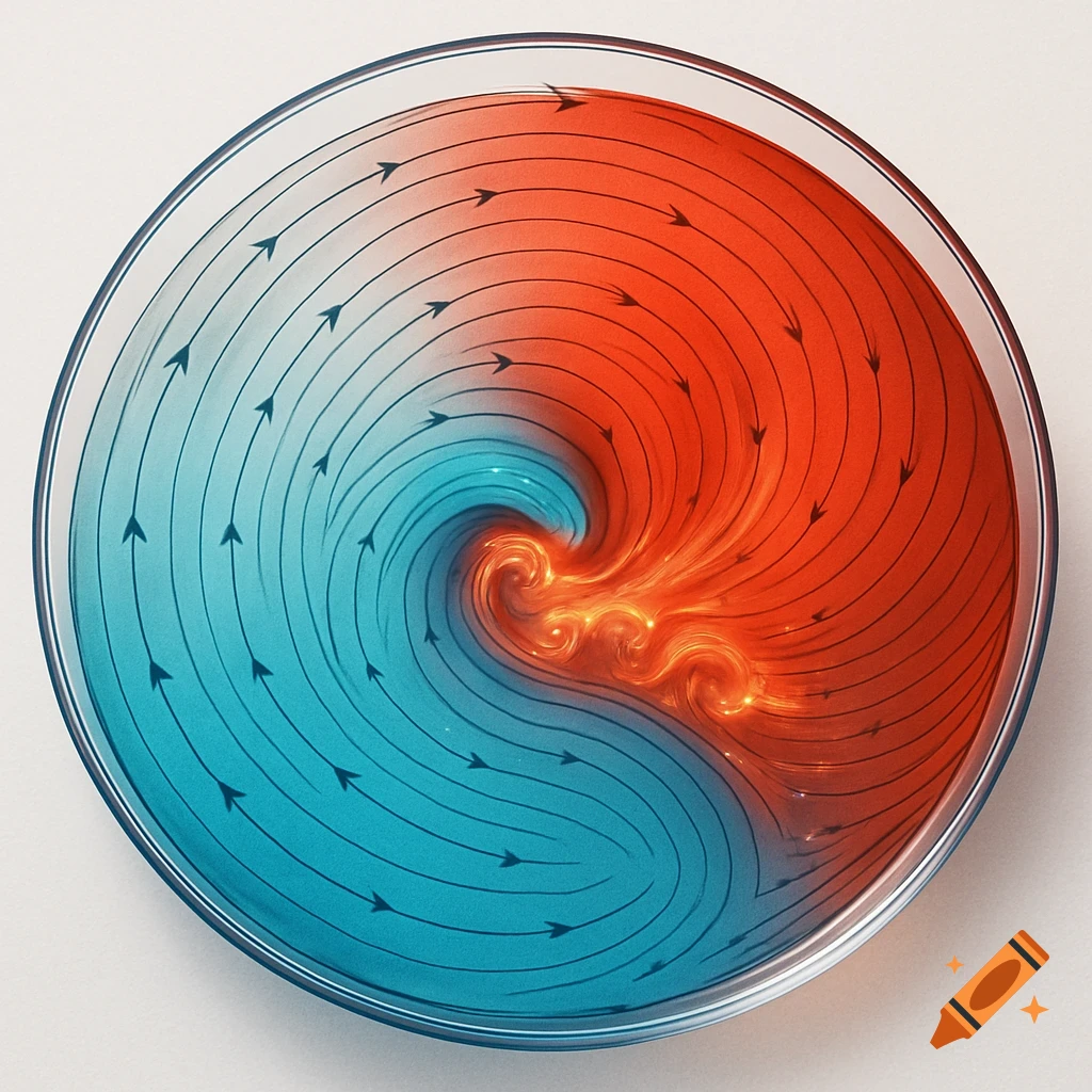 Top-down diagram of swirling blue and orange fluids with flow lines and arrows, demonstrating mixing in a circular container.