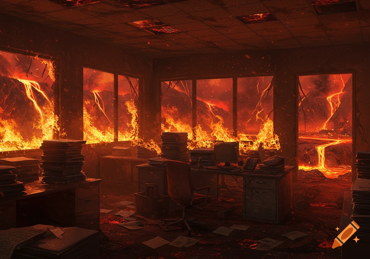 An office interior engulfed in flames and lava, resembling a hellscape.