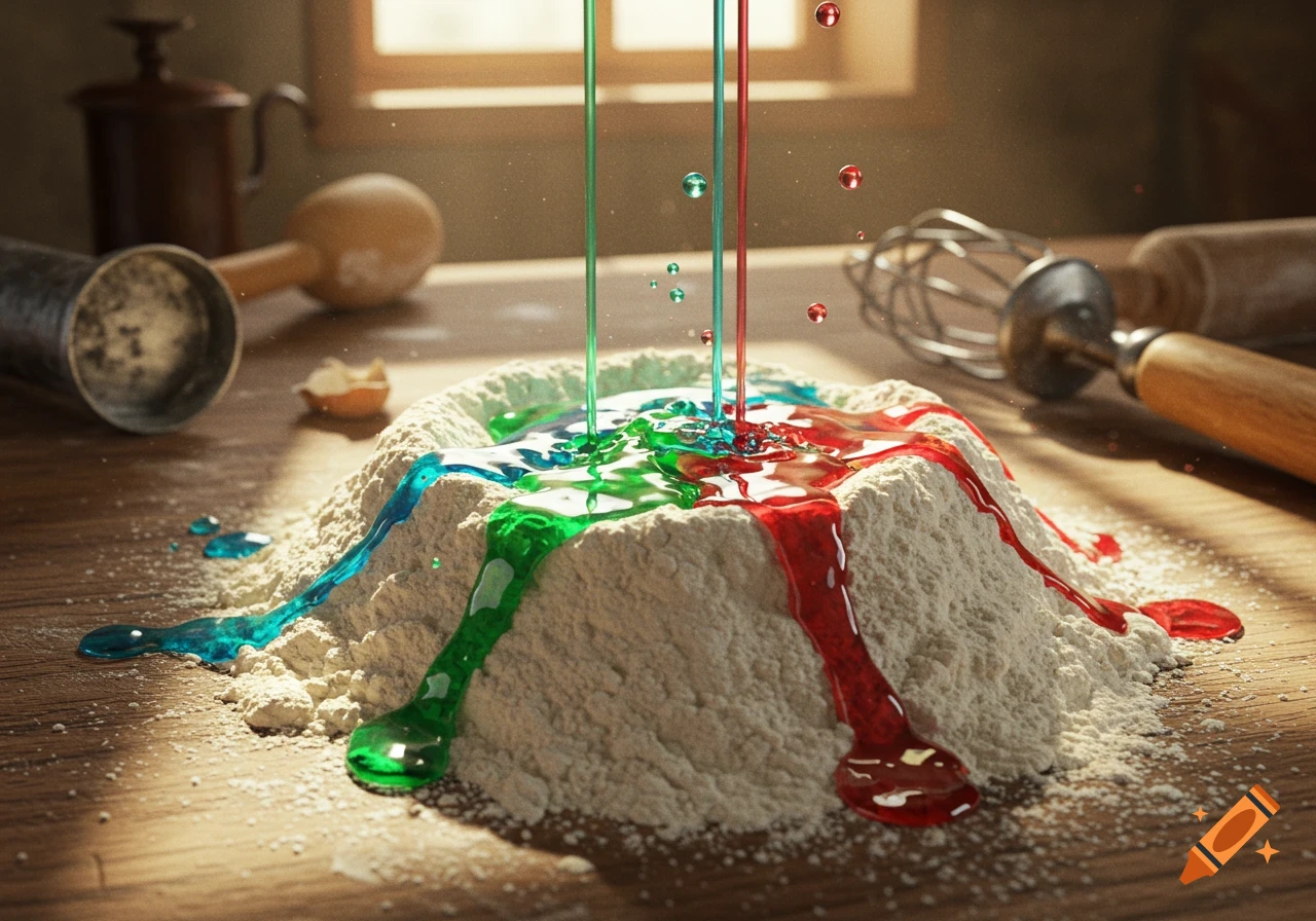 A close-up, photorealistic shot of three colorful liquids (blue, green, red) pouring onto a pile of white flour on a wooden table, with baking tools in the background.