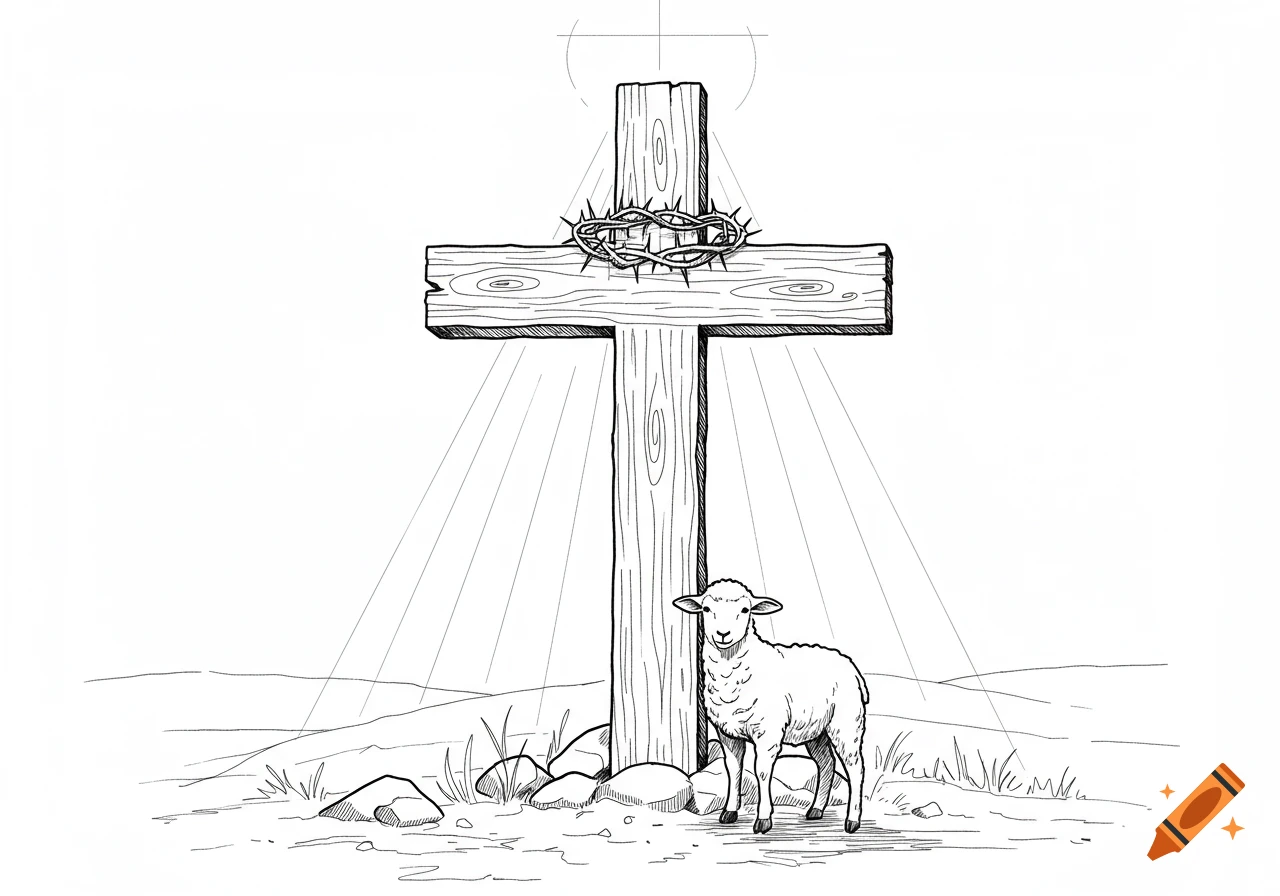 Black and white sketch of a wooden cross with a crown of thorns and a lamb at its base, light rays above.