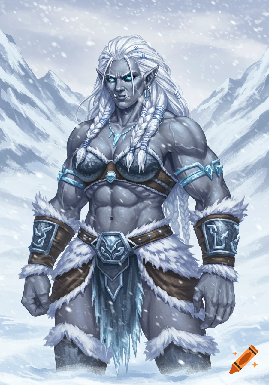 A muscular female half-orc with white braids and blue eyes, wearing fur armor, stands in a snowy mountain landscape.