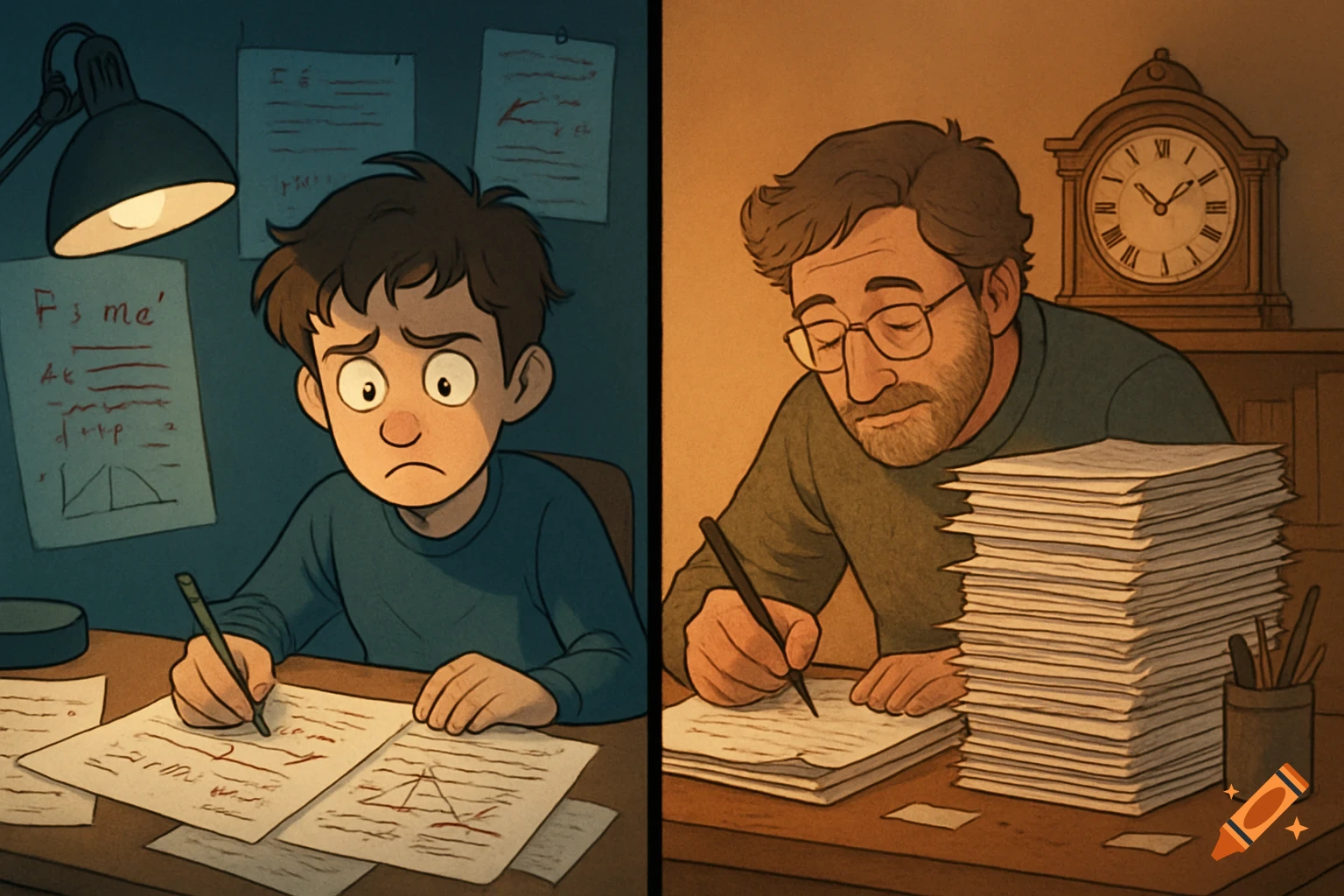 Split image: A sad boy studies physics on the left; a tired teacher grades a tall stack of papers on the right.