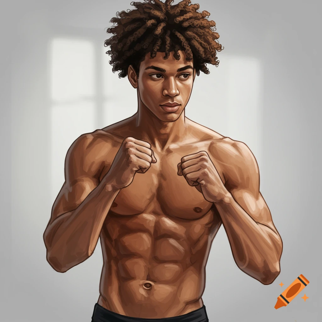 Digital art of a muscular young man with curly hair in a fighting stance against a light background.