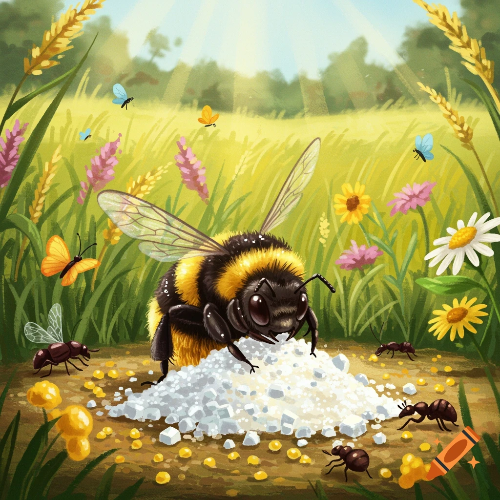 A large, fuzzy bumblebee on a pile of white sugar in a sunny, green field with ants and colorful flowers, in an illustrative style.