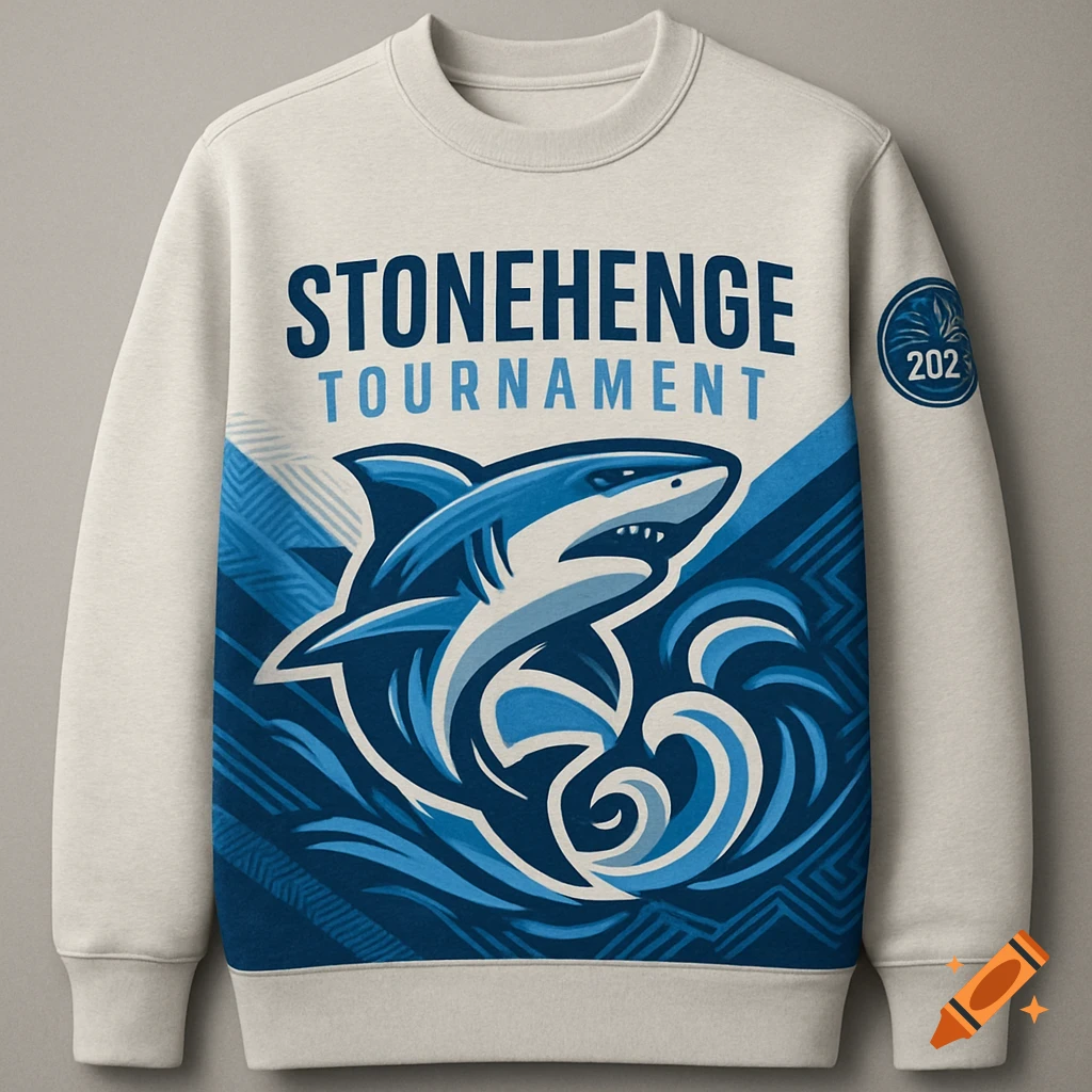 White sweatshirt with a blue and white shark logo and waves, text 'STONEHENGE TOURNAMENT', and a small '202' patch on the sleeve.