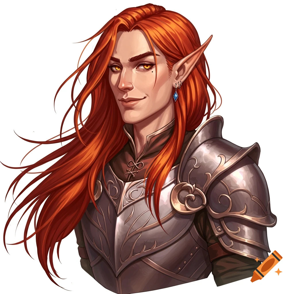 A half-elf with long red hair, golden eyes, and a cocky expression, wearing ornate silver armor, in a DND artstyle.