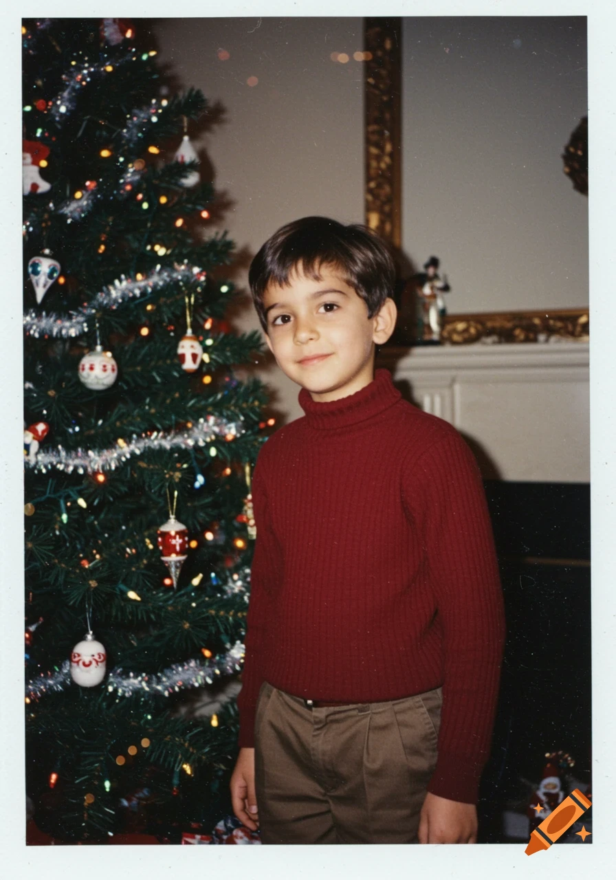 A young boy in a red turtleneck and khaki pants stands next to a decorated Christmas tree in a vintage photo.