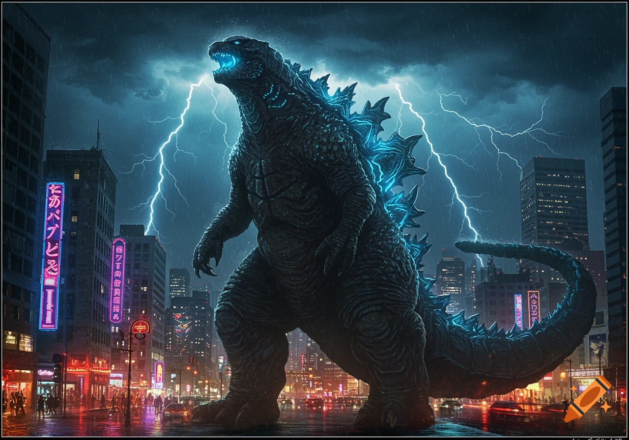 Godzilla roars under a stormy, lightning-filled sky in a rainy, neon-lit city at night, rendered in a photorealistic style.