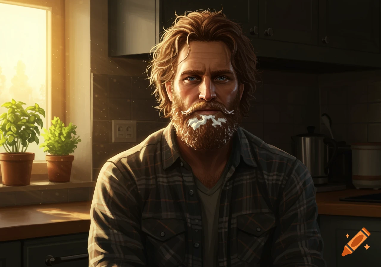 Digital art portrait of a man with long hair and a beard, with yoghurt on his face, standing in a sunlit kitchen.