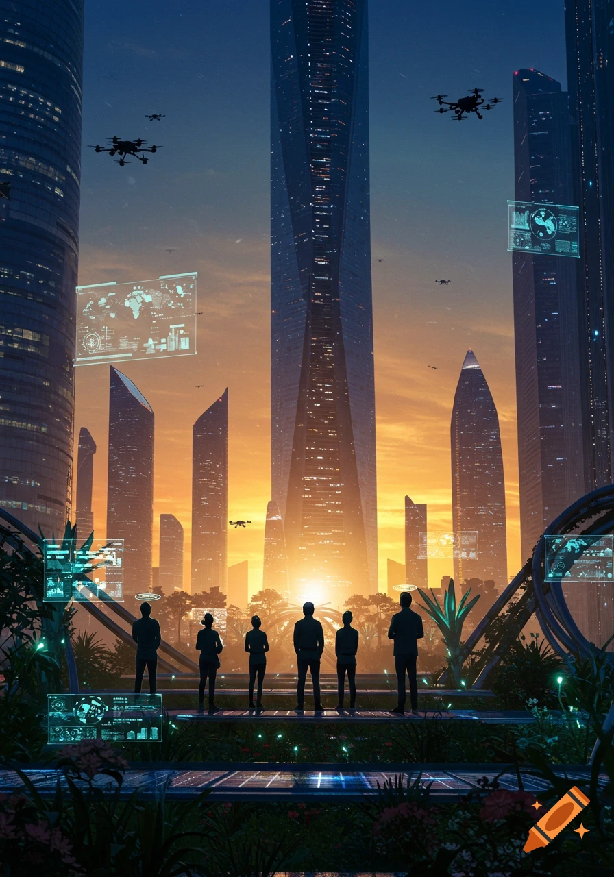 Silhouettes of people stand on a verdant platform, observing a futuristic cityscape with towering skyscrapers and flying drones at sunset.