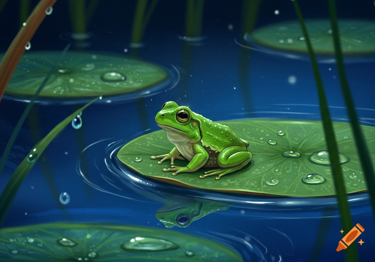 A vibrant green frog sits on a large lily pad covered in water droplets, reflected in the calm blue water with other lily pads and reeds in the background. Illustrated style.