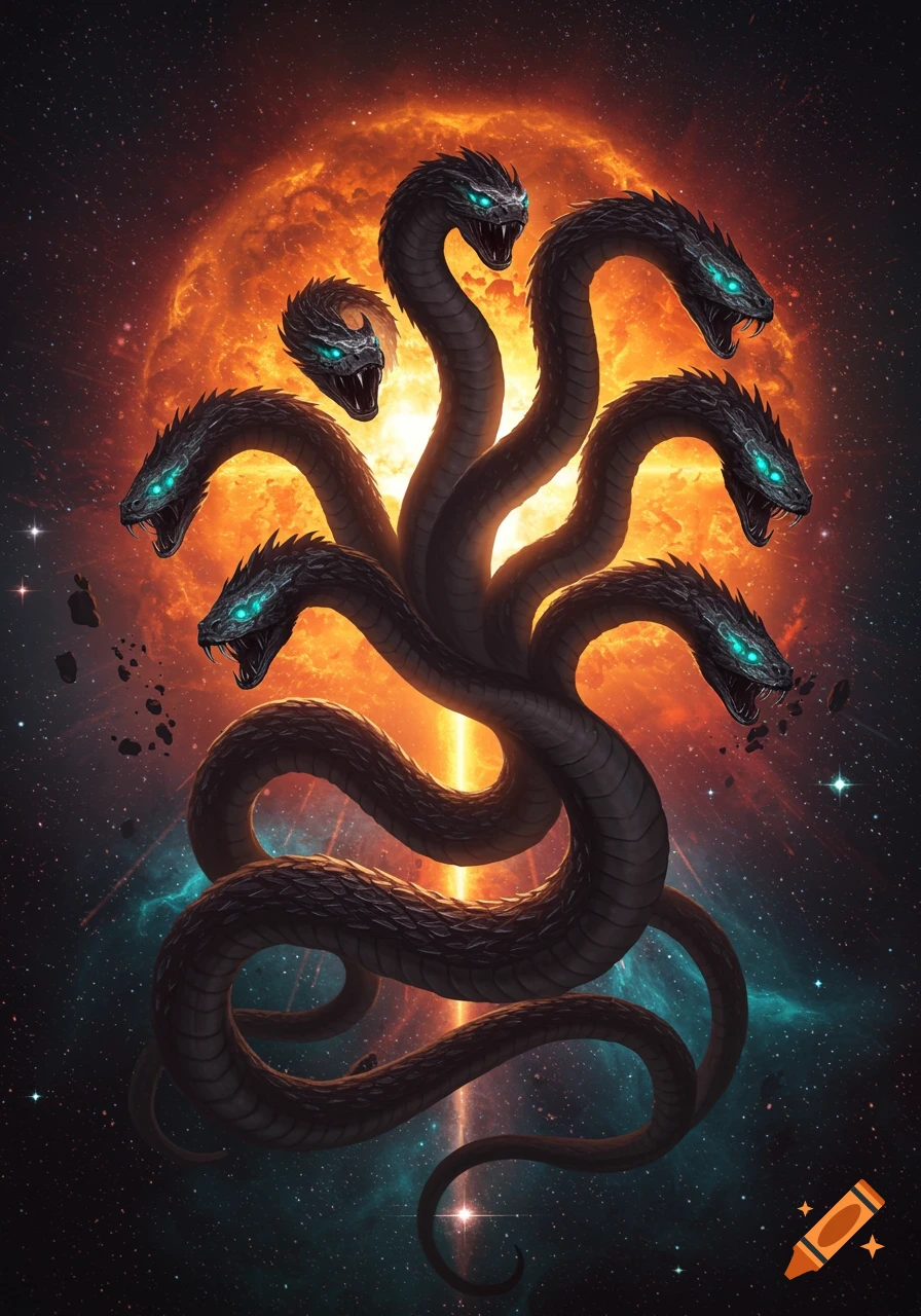 A large, black, multi-headed snake with glowing blue eyes coiled in front of a fiery orange supernova in space.