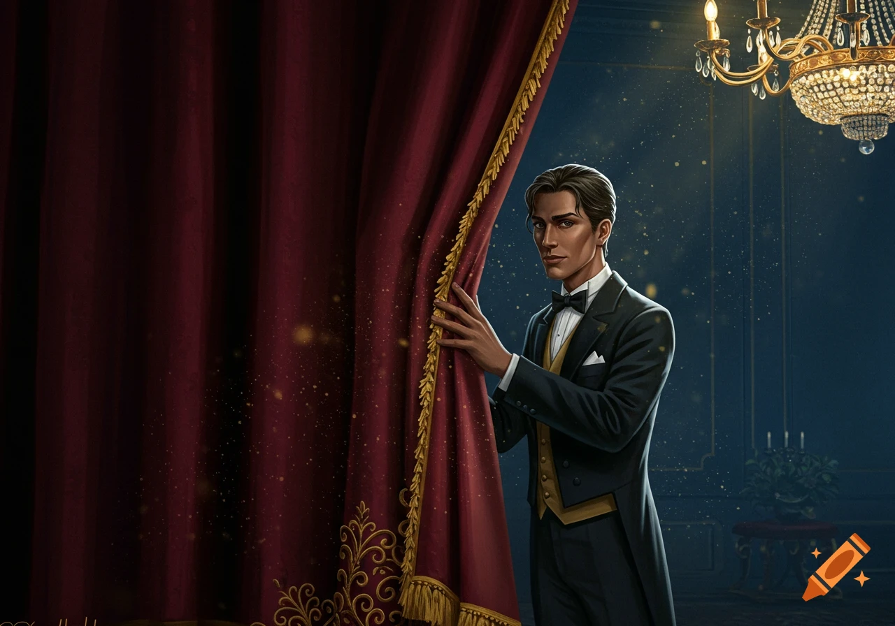 A man in a black tuxedo pulls back a red velvet curtain, revealing a grand hall with a chandelier, in an illustrative style.