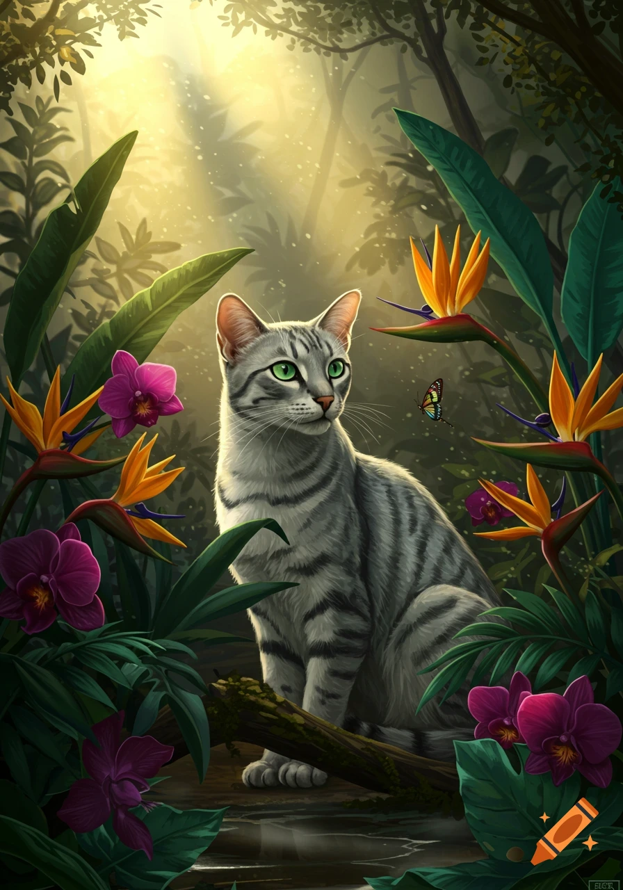 A majestic grey tabby cat with green eyes sits on a log in a lush, sunlit tropical rainforest surrounded by vibrant orange bird of paradise flowers and purple orchids.