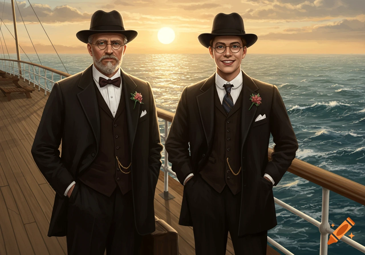 Two Edwardian gentlemen in suits and hats stand on a ship deck overlooking a sunset ocean.