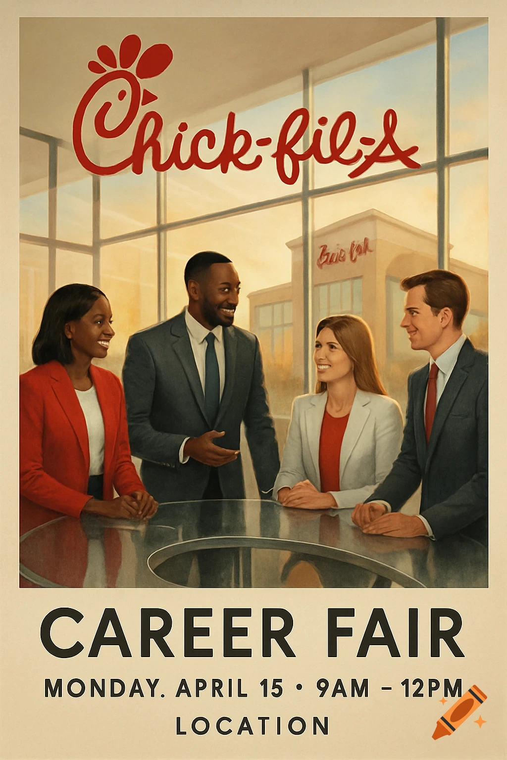 A vintage-style Chick-fil-A career fair poster showing four diverse professionals in business attire, with a restaurant in the background. The text reads "Chick-fil-A CAREER FAIR MONDAY. APRIL 15 ", "9AM - 12PM", and "LOCATION."