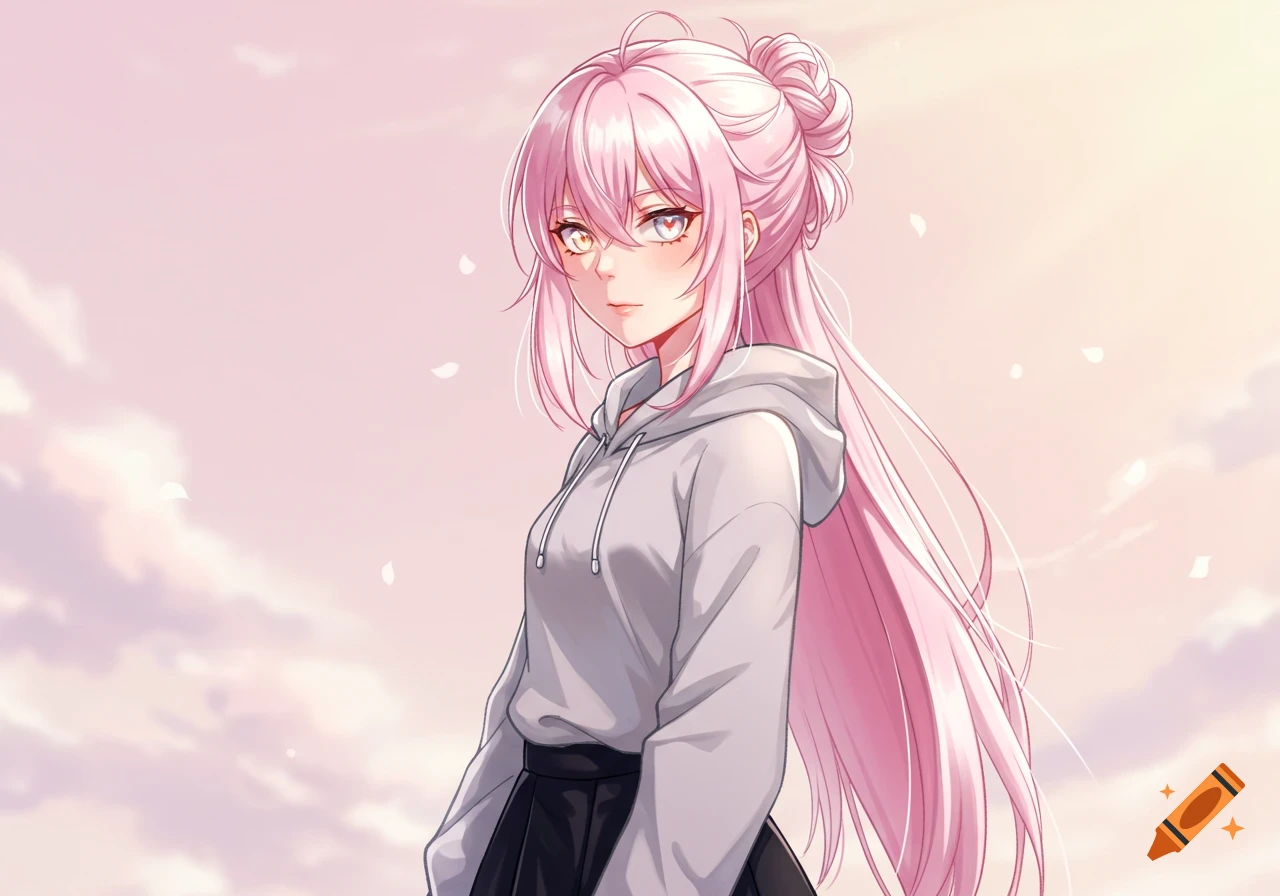 Anime girl with long pink hair in a grey hoodie and black skirt, looking over shoulder against a soft pink sky.