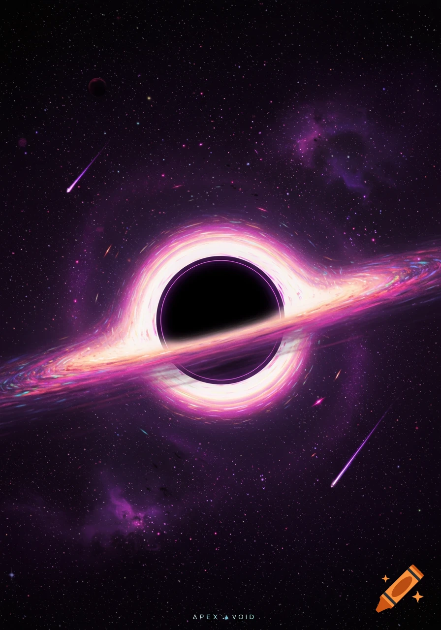 A vibrant purple and pink black hole with an accretion disk and shooting stars against a starry dark purple nebula.