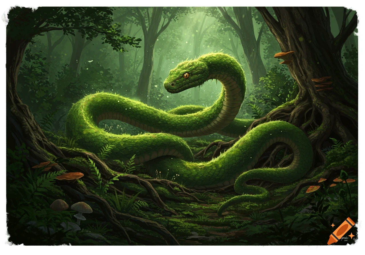 A vibrant green moss serpent with glowing eyes coiled among roots and ferns in a lush, sun-dappled forest.