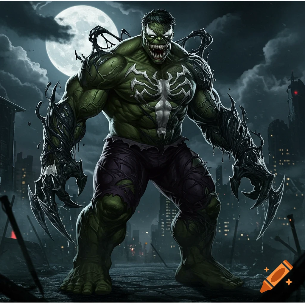 A formidable Venomized Hulk stands under a full moon in a ruined city, depicted in a detailed comic book art style.