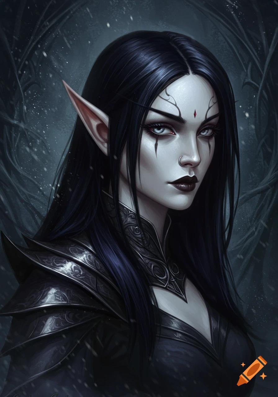 A dark elf woman with long black hair, pale skin, and gothic makeup wearing ornate fantasy armor. She has pointed ears and a nose ring. The background is dark and snowy.