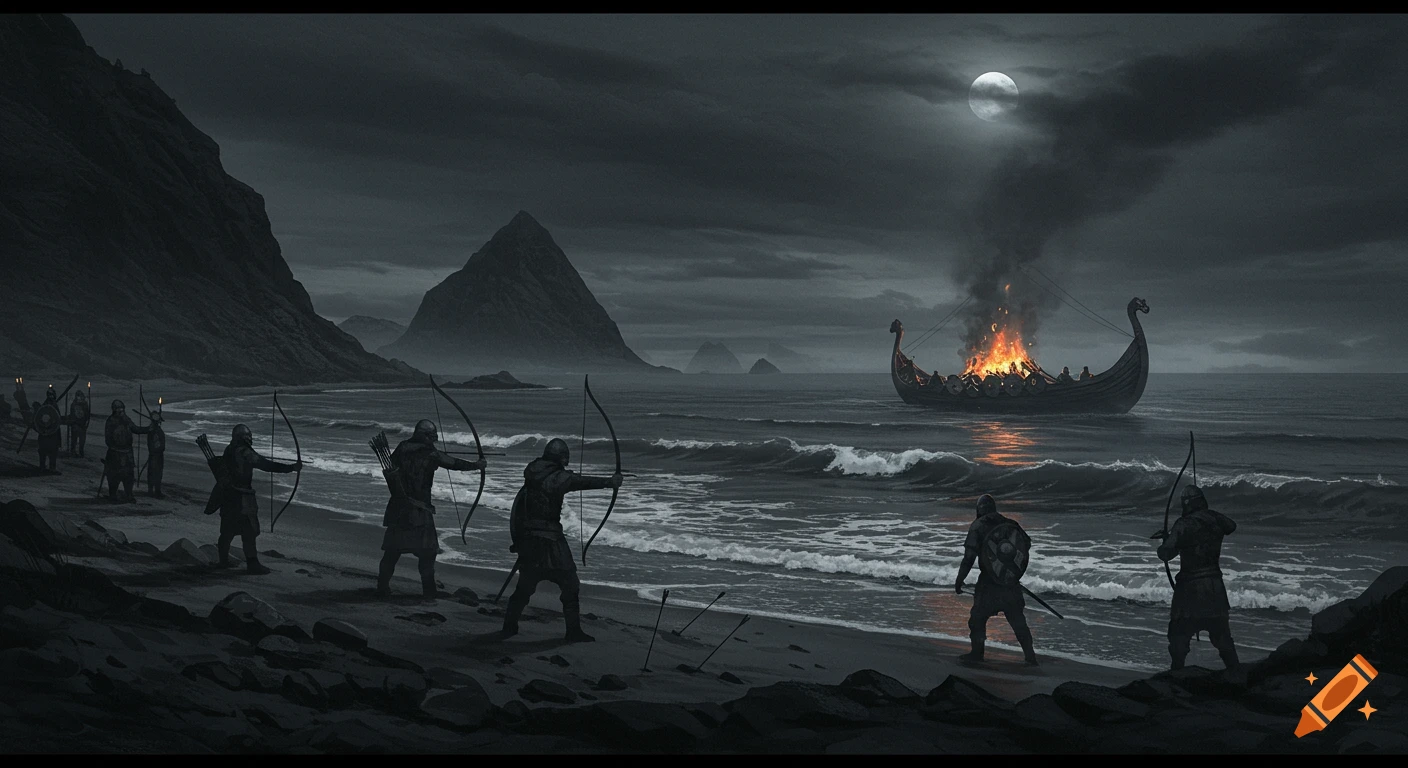Dark, atmospheric artwork of Vikings on a beach, silhouetted against a moonlit sky, with a burning longboat funeral pyre at sea.