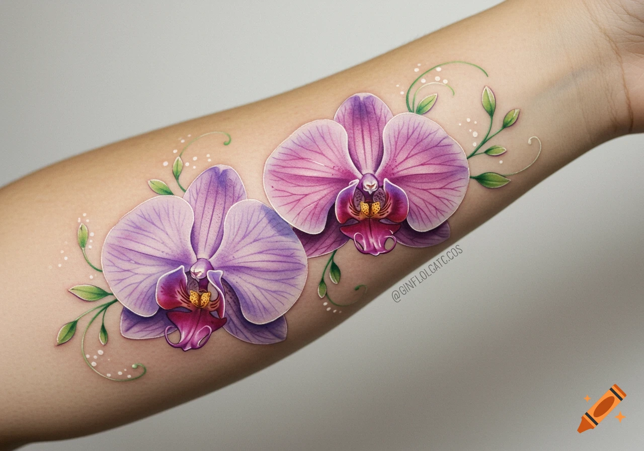 Detailed watercolor-style orchid tattoo on a person's forearm, featuring purple and pink blossoms with green vines.