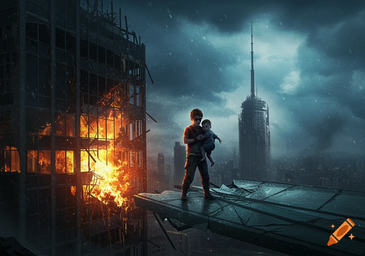 A boy carries a child on a shattered bridge overlooking a burning skyscraper and a stormy city skyline.